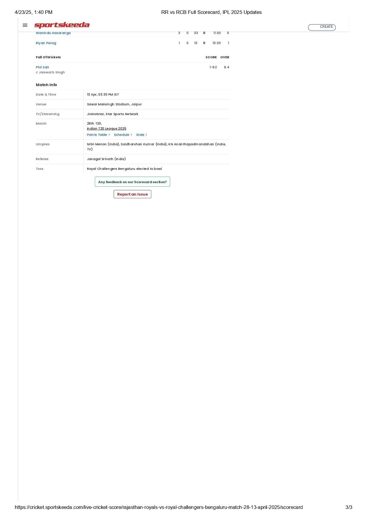 RR vs RCB IPL 2025 scorecard.